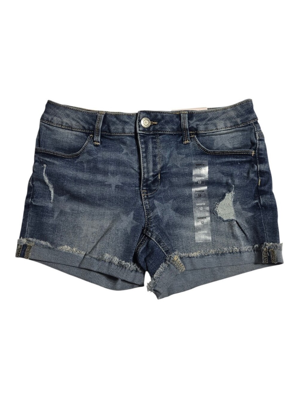 NWT SO Blue Denim Distressed Shortie Shorts Women's Size 12 Frayed Rolled Cuff